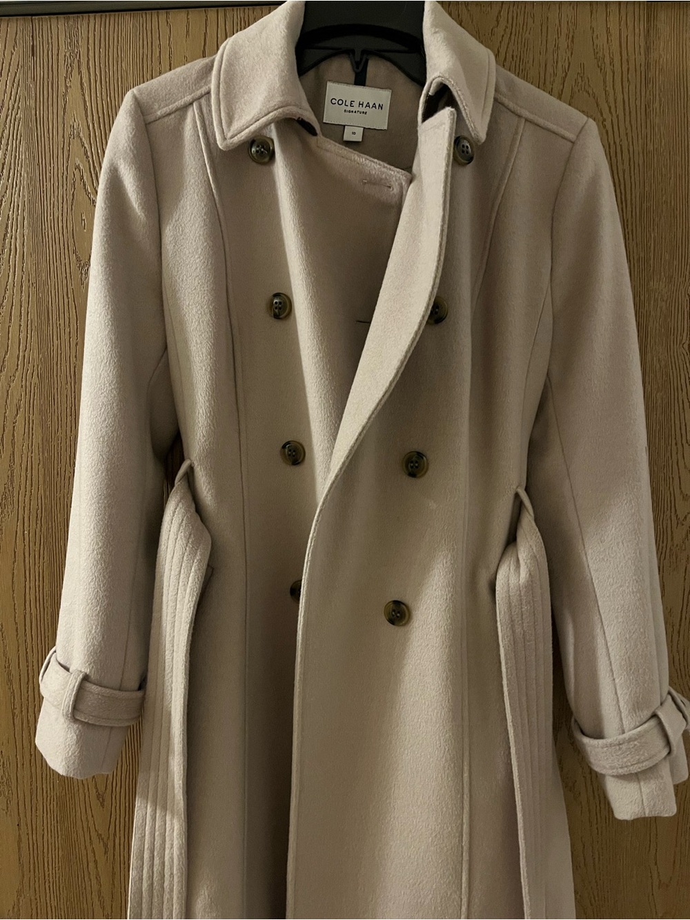 Cole Haan Light Beige Double-Breasted Wool Trench Coat with Belt - Picture 2 of 8